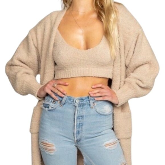 RESA Teddy Cozy Lounge Set Bralette Crop Top and Cardigan Robe in Taupe Tan Sz S - Picture 1 of 15